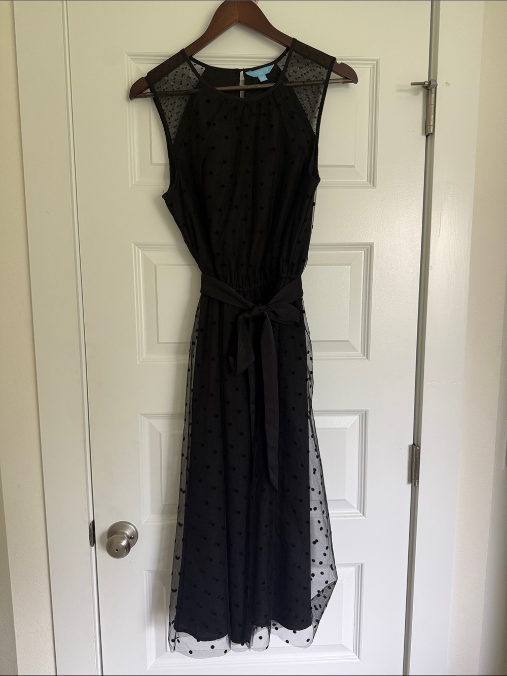 Draper James Black Sleeveless Midi Dress with Polka Dot Mesh